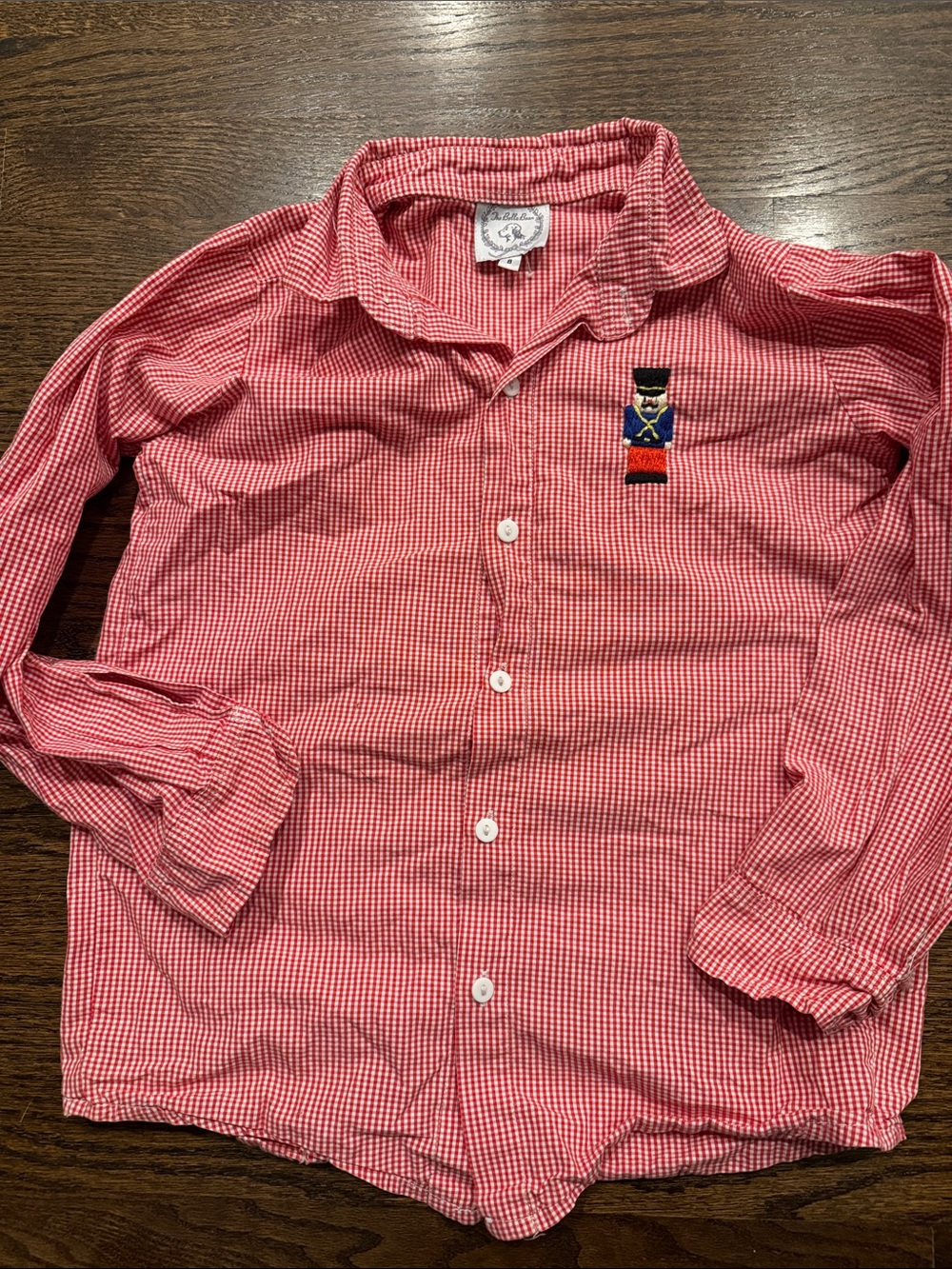 Vintage Red Gingham boys size. 8 Button-Up Shirt with Embroidered Toy Soldier